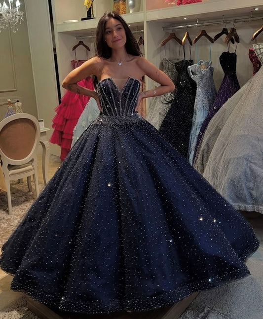 Dark Navy Blue Ball Gown Strapless Shiny Beaded Satin Prom Dress Evening Dress DP8052