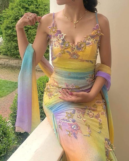 Fairy Vintage Mermaid Spaghetti Strap Appliques Chiffon Long Party Dress Evening Dress DP3014