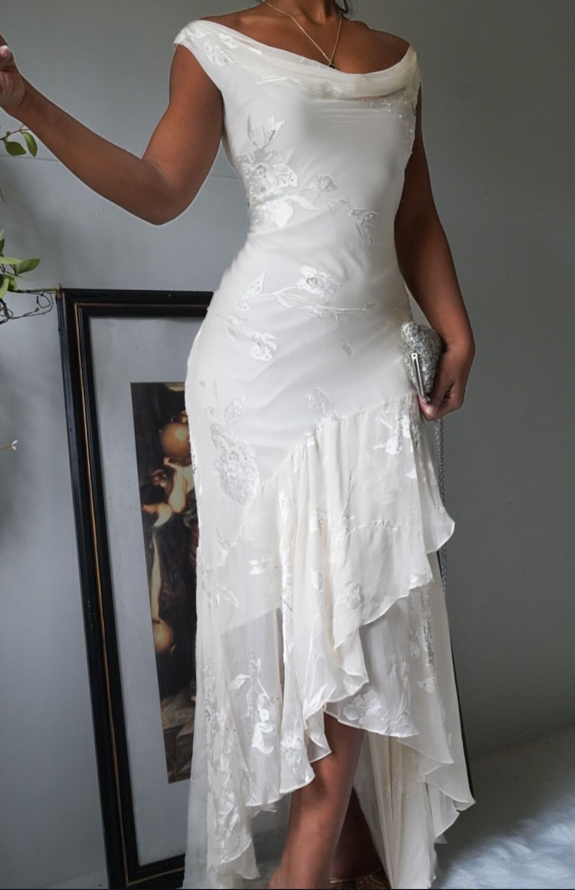 Elegant Ivory Sheath Straps Print Chiffon Long Prom Dress Evening Dress DP7897