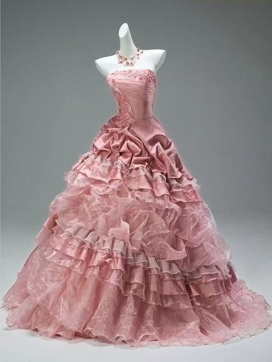 Pink Ball Gown Strapless Layered Organza Satin Long Prom Dresses DP4180