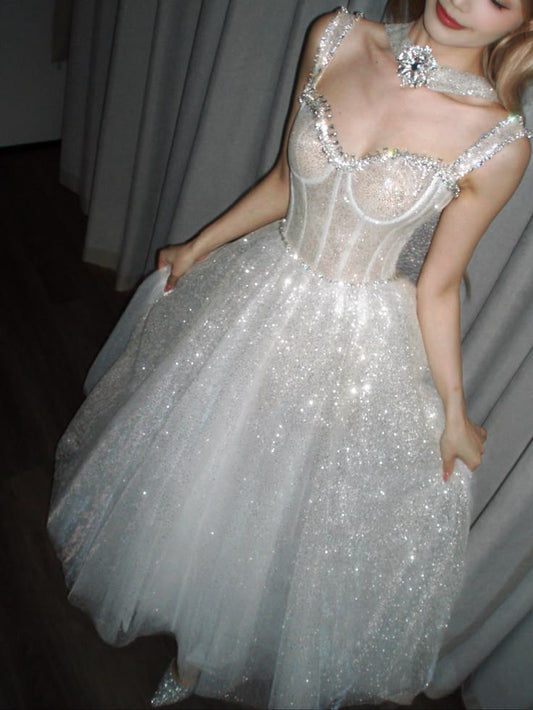 Shiny A Line Straps Beaded Sequin Tulle Prom Dress Party Dress DP6539