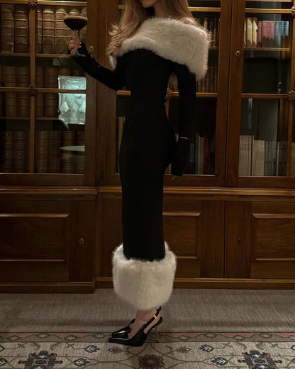 Classic Black-white Sheath Long Sleeve Satin Prom Dress Evening Dress DP7837