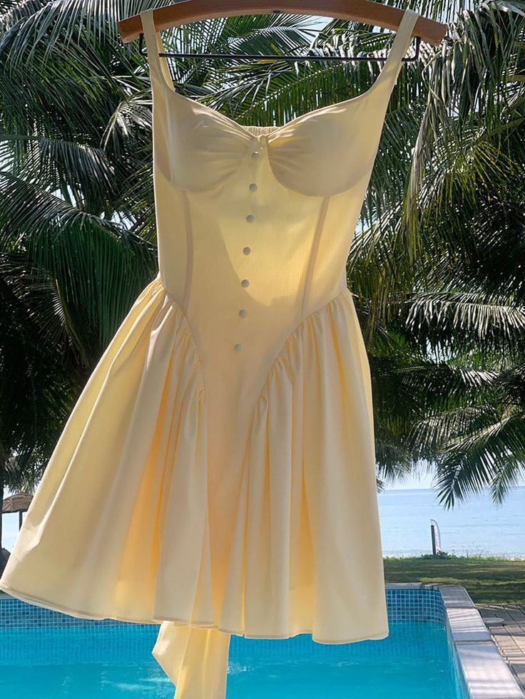 Light Yellow A Line Strap Satin Open Back Mini Homecoming Dress Birthday Dress DP2619