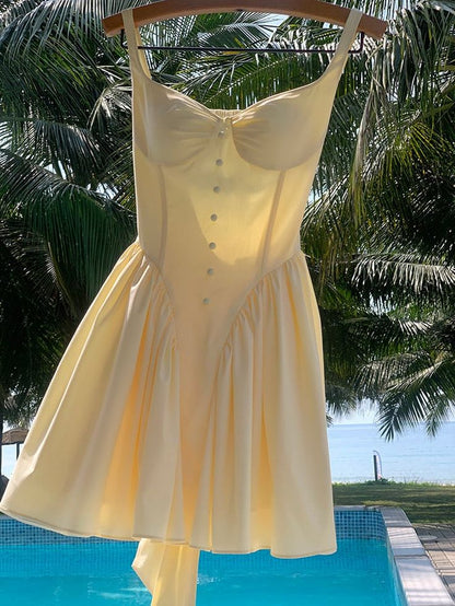 Light Yellow A Line Strap Satin Open Back Mini Homecoming Dress Birthday Dress DP2619