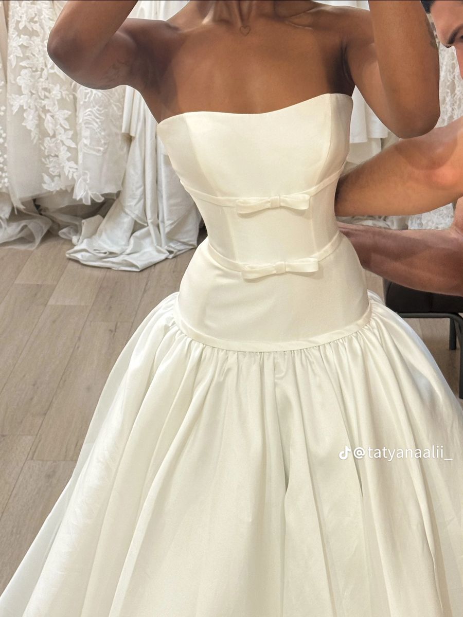 Simple Ball Gown Sweetheart Neck Bow Satin Long Wedding DressDP4306