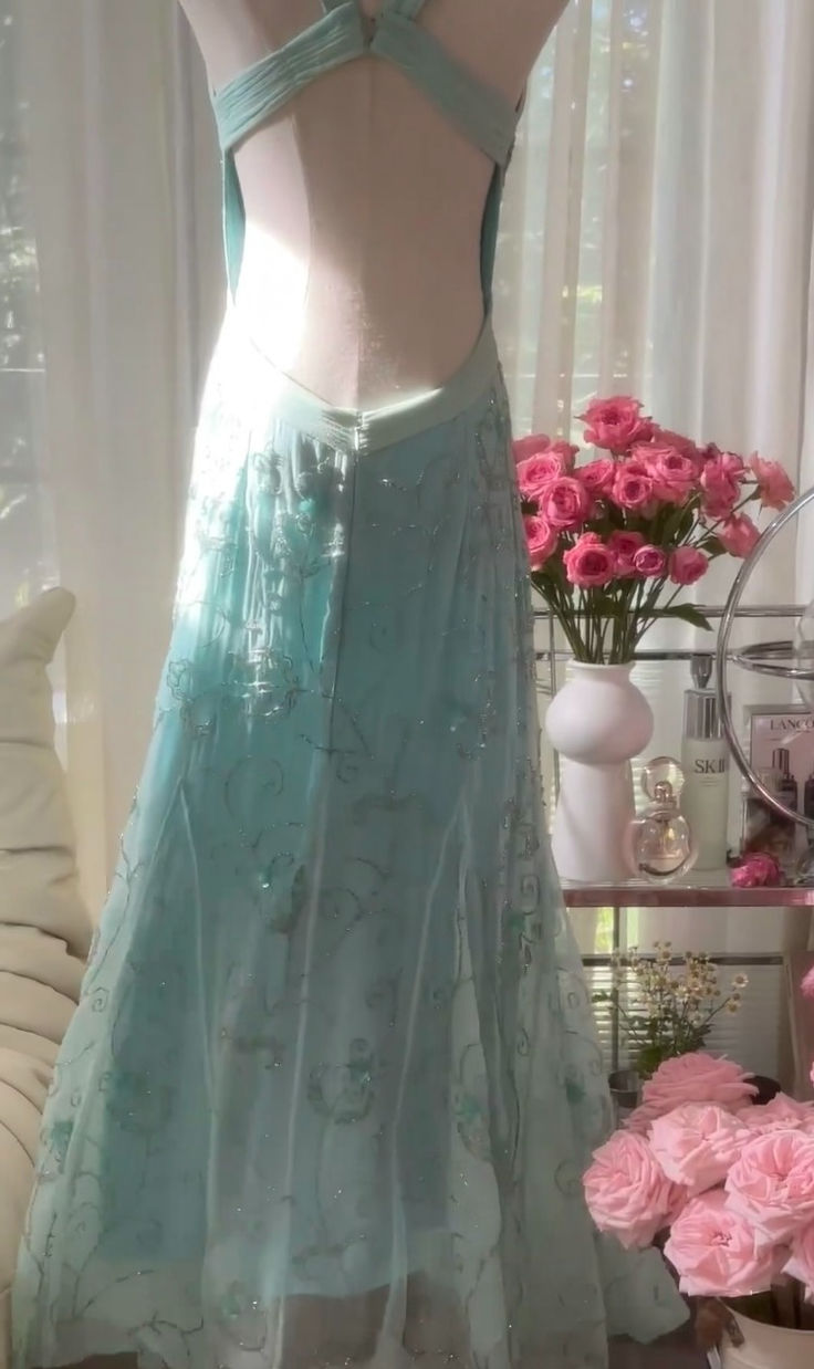 Dreamy A Line Strap Beaded Sequin Blue Tulle Open Back Prom Dress Evening Dress DP2057