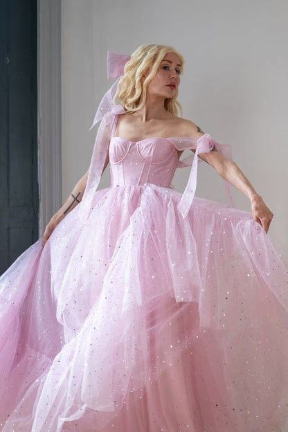 Star Sequin Pink A Line Straps Layered Tulle Date Dress Prom Dress Evening Dress DP3372
