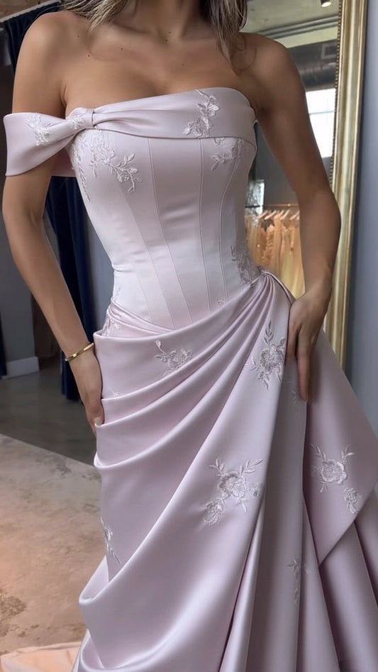 Pink A Line One Shoulder Exquisite Embroidery Satin Prom Dress Graduation Prom Dress DP6659