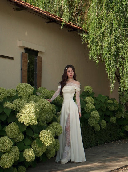 Pretty A Line Long Sleeve Ivory Lace Satin Long Wedding Dress with Slit DP6858