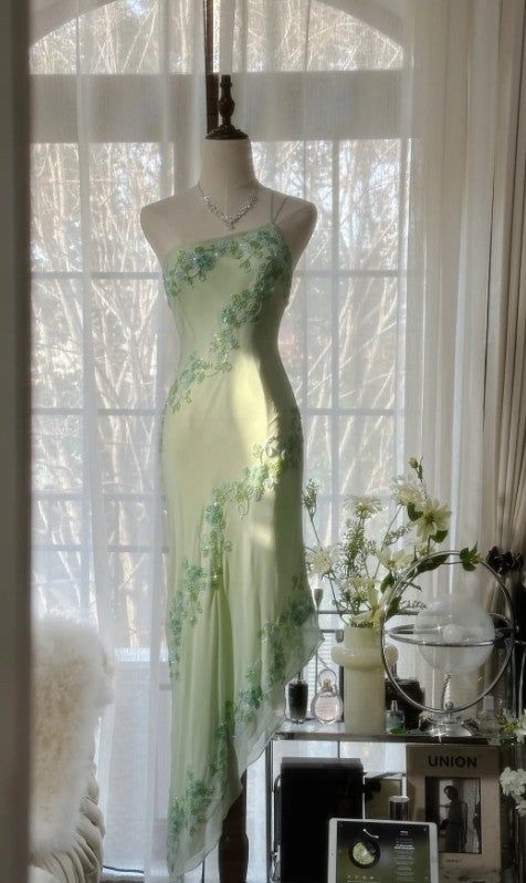 Mint Green Sheath One Shoulder Beaded Chiffon Prom Dress Evening Dress DP2136