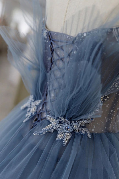Stunning Exquisite Beaded A Line Strapless Layered Blue Tulle Prom Dress Evening Dress Date Dress DP3469