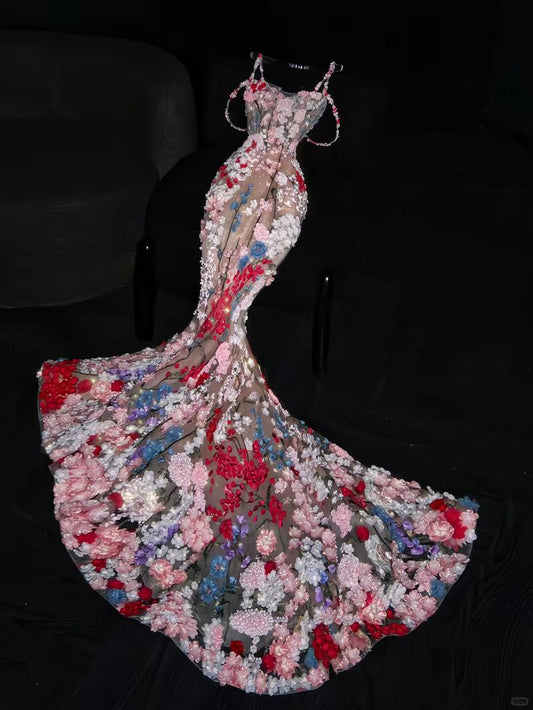 Romantic Mermaid Spaghetti Strap Floral Tulle Long Prom Dress DP4300