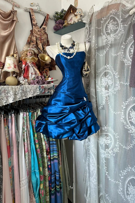 Glam Royal Blue Strapless Mini Dress | Satin Ruched Puff Skirt, Gala Party Gift Outfit for Girls DP4598