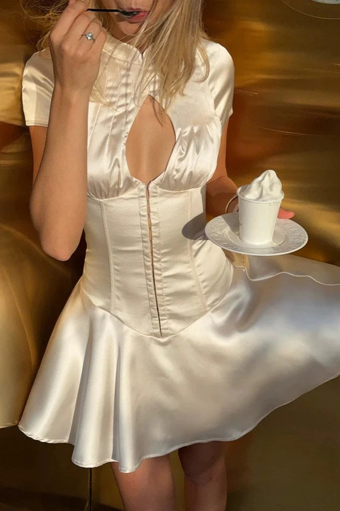 Satin Hollow Out Waist Elegant A Line Mini Dress DP5908