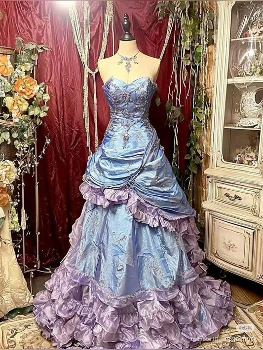 Purple Pink Blue Gradient Fashion Retro Elegant Delicate Floral Beads Sweet Elegant Long Tulle Floor Length Ball Gown Evening Gown DP4052