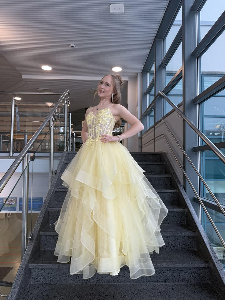 Pretty Yellow A Line Spaghetti Straps Beaded Sequin Corset Tulle Prom Dress DP6808
