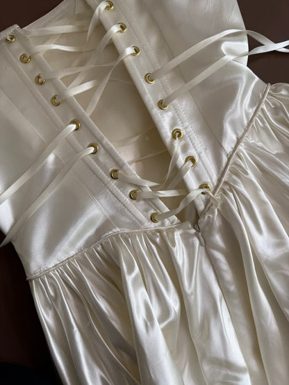 1940s Boat Neck Ballet White Satin Long Wedding Dress DP5211