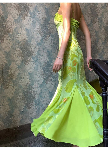 Mermaid Spaghetti Strap Green Satin Long Prom Dresses DP787