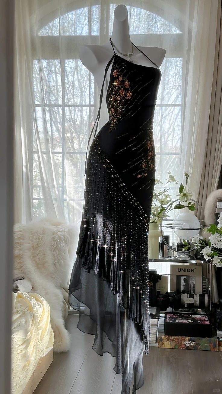 Sexy Black Mermaid Halter Exquisite Beaded Chiffon Prom Dress 21th Birthday Dress DP3902