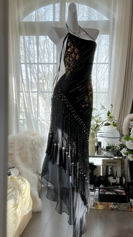 Sexy Black Mermaid Halter Exquisite Beaded Chiffon Prom Dress 21th Birthday Dress DP3902