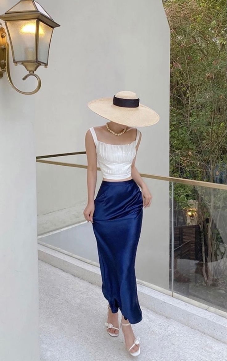Two Piece Mermaid Straps White Navy Blue Satin Prom Dress Evening Dress DP3832