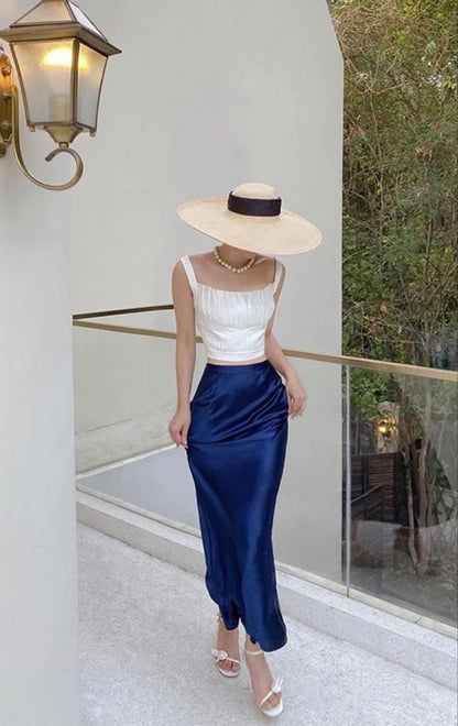 Two Piece Mermaid Straps White Navy Blue Satin Prom Dress Evening Dress DP3832