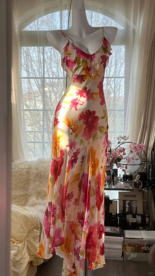 Pretty Chiffon Print Floral Beaded Mermaid Evening Dress Long Formal Party Dress DP3001