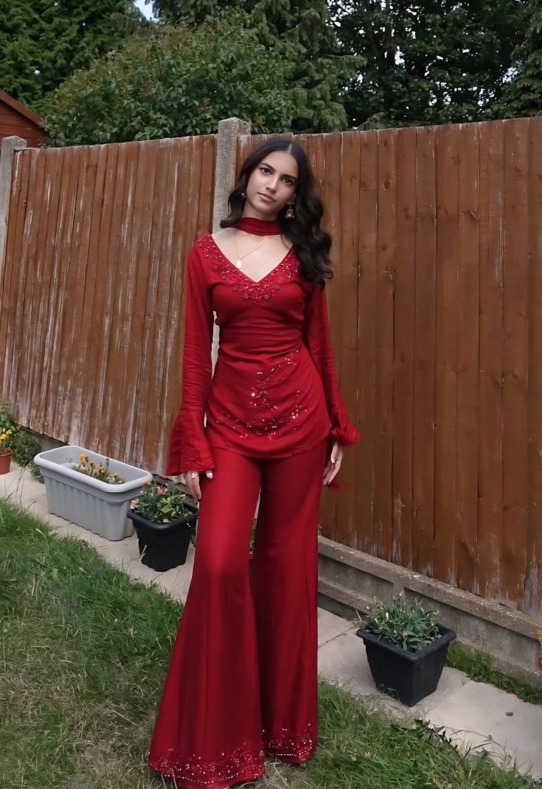 Stunning Two Piece Red Beaded Satin Prom Dress Evening Dress DP6718