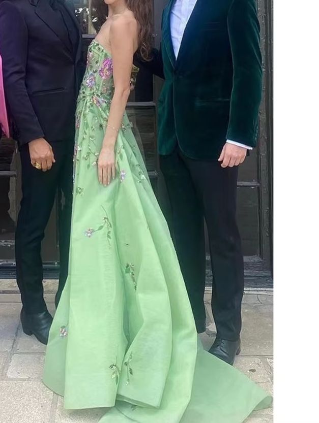 Green A Line Strapless Floral Sequin Tulle Prom Dress Party Dress Evening Dress DP3529