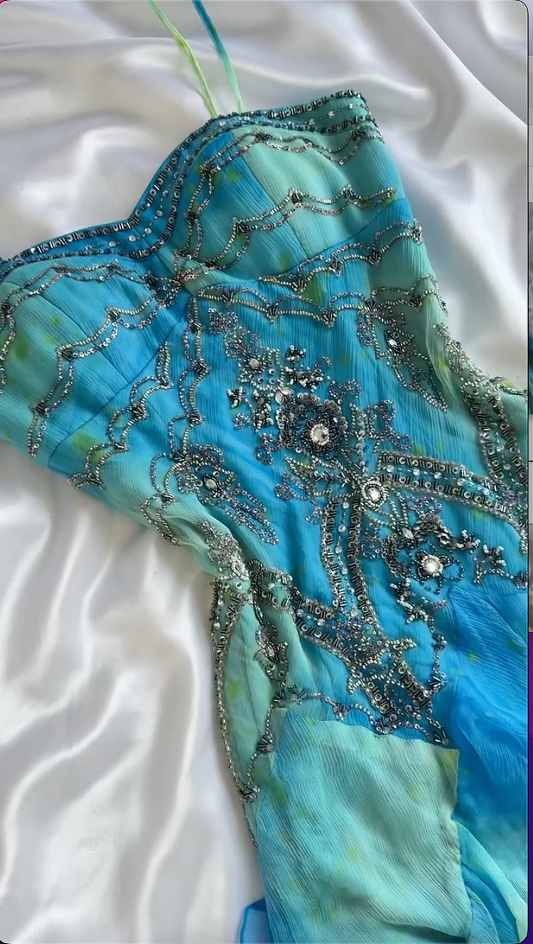 Vintage A Line Spaghetti Strap Beaded Ruffles Chiffon Prom Dress Evening Dress DP1838