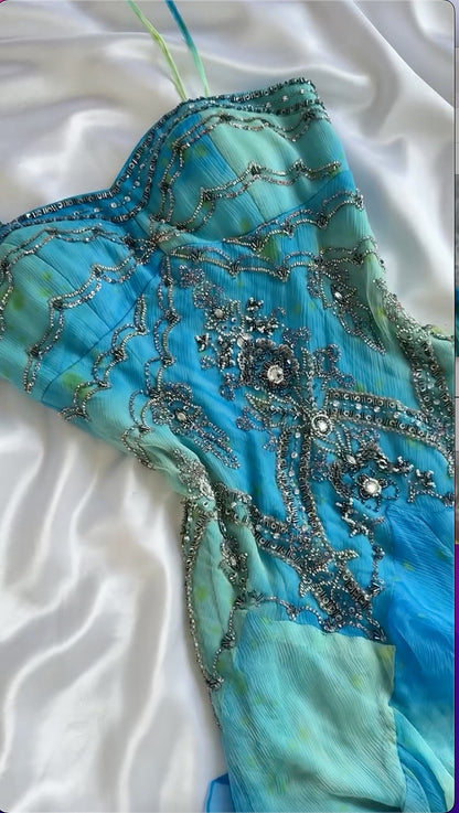 Vintage A Line Spaghetti Strap Beaded Ruffles Chiffon Prom Dress Evening Dress DP1838
