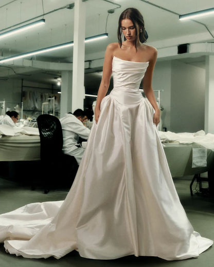 Simple Elegant A Line Strapless Pleated Satin Long Wedding Dress DP4951