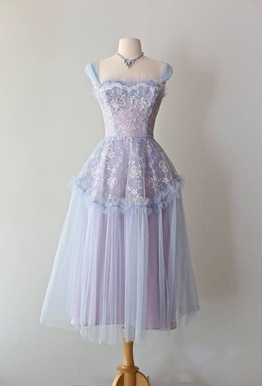 Dreamy Purple A Line Straps Lace Tulle Prom Dress Evening Dress DP8076