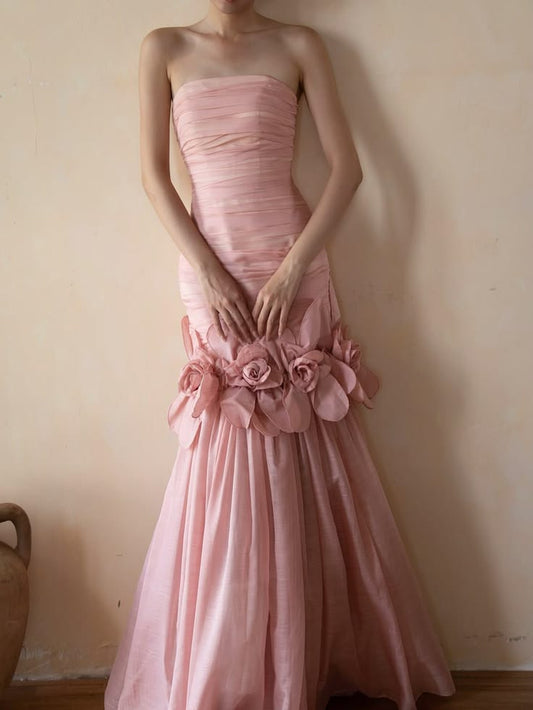 Pink 3D Floral Mermaid Strapless Tulle Prom Dress Evening Dress DP7524
