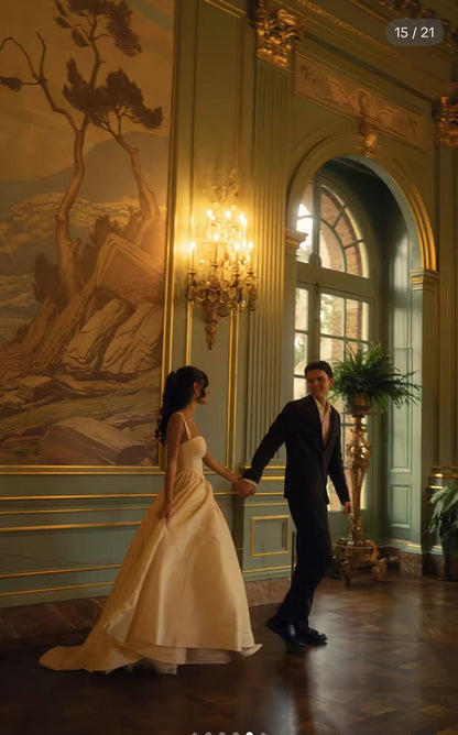 Classic Ball Gown Spaghetti Strap Pleated Simple Satin Wedding Dress DP4371