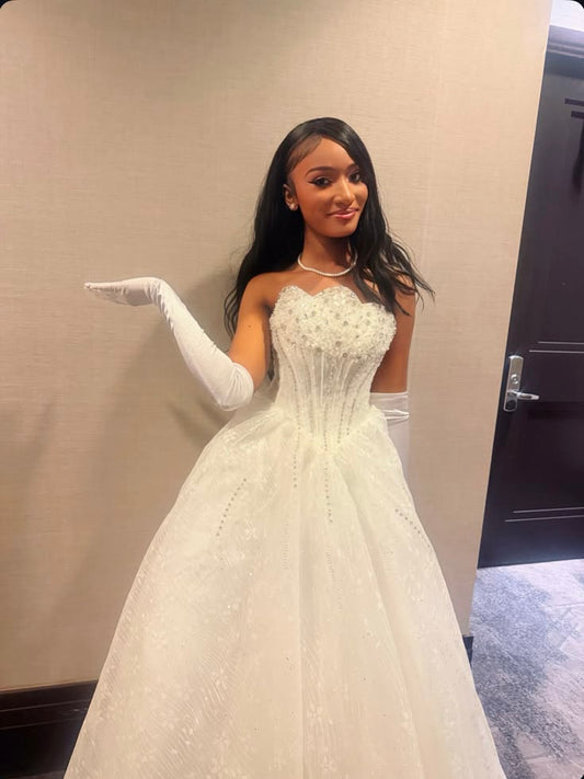 White Ball Gown Strapless Corset Sequin Beaded Tulle Prom Dress Evening Dress DP8047