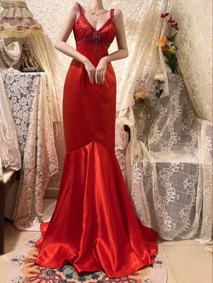 Vintage Red Mermaid Straps Exquisite Beaded Satin Prom Dress DP5178