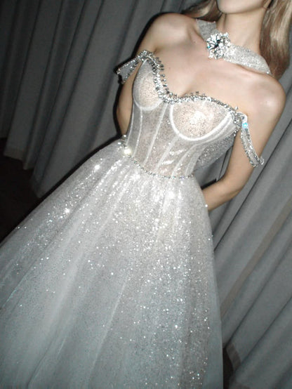 Shiny A Line Straps Beaded Sequin Tulle Prom Dress Party Dress DP6539