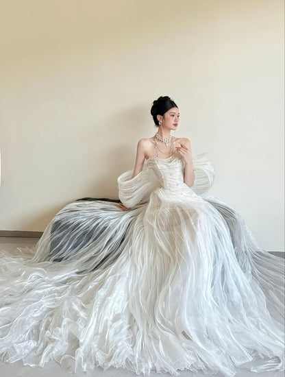 Stunning Fairy Mermaid White Beaded Organza Long Prom Dress Wedding Dress DP5061