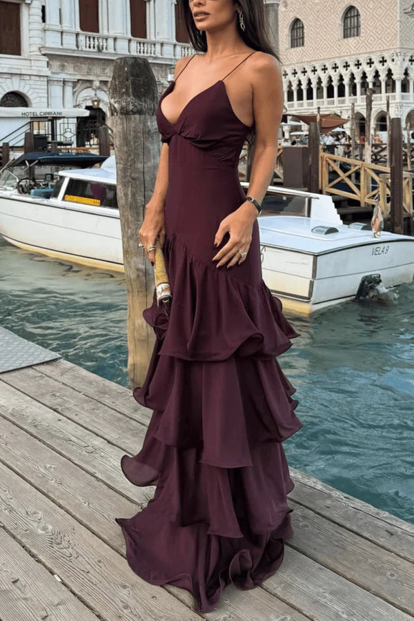 Unique A Line Spaghetti Strap Layered Satin Prom Dress Evening Dress DP5576