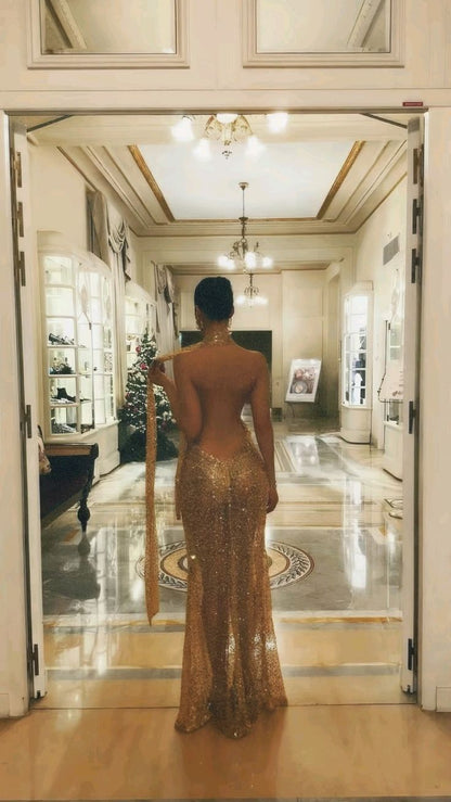 Sexy A Line Halter Gold Sequin Open Back Prom Dress Evening Dress DP4119