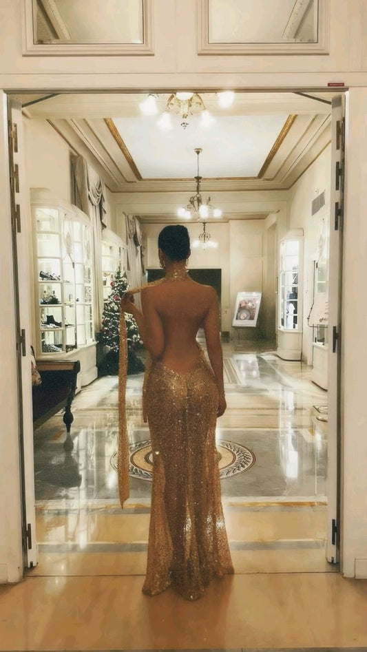 Sexy A Line Halter Gold Sequin Open Back Prom Dress Evening Dress DP4119