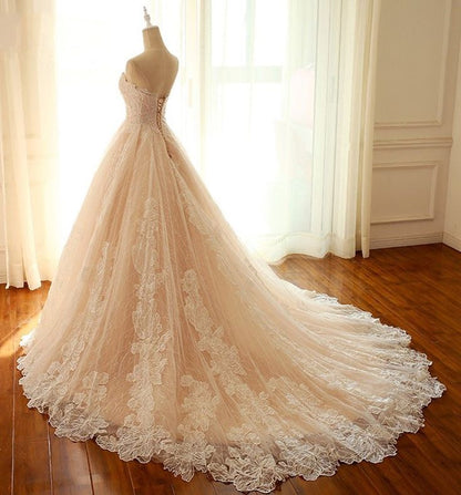 Light Champagne Lace Sweetheart Neck Long Strapless Evening Dress DP1109