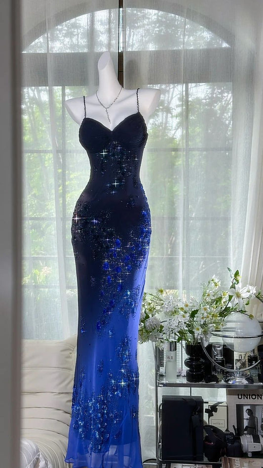 Blue Ombre Sheath Spaghetti Strap Exquisite Beaded Chiffon Prom Dress 21th Birthday Dress DP3900