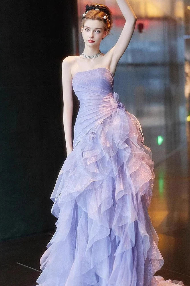 Lilac Ball Gown Strapless Pleated Layered Organza Tulle Long Prom Dress Evening Dress DP6090