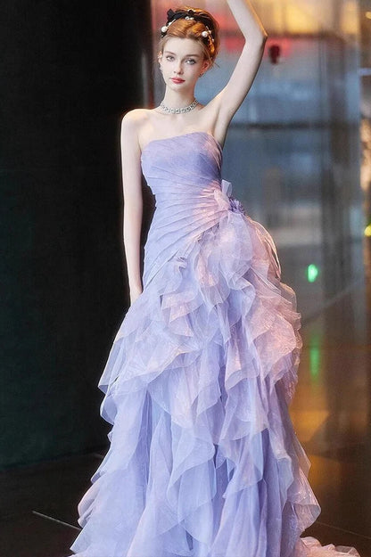 Lilac Ball Gown Strapless Pleated Layered Organza Tulle Long Prom Dress Evening Dress DP6090