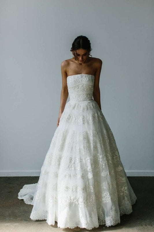 Vintage White A Line Strapless Lace Long Wedding Dress DP8019