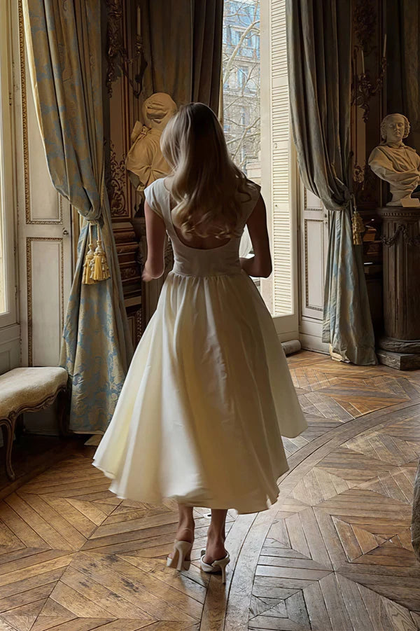 Simple Backless A Line White Satin Prom Dress Party Evening Dress DP5374
