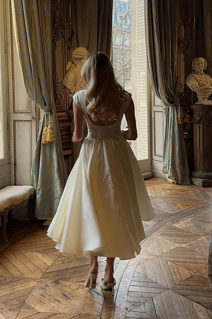 Simple Backless A Line White Satin Prom Dress Party Evening Dress DP5374