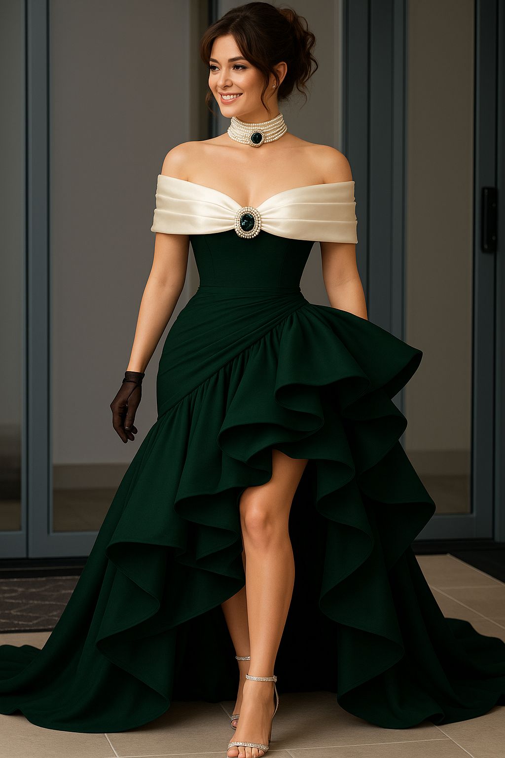 Elegant Black White A Line Off the Shoulder Ruffle Satin Prom Dress Evening Dress with Slit DP3267